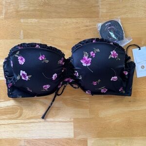 NWT Shade & Shore Black and Purple Bandeau Bikini top with removable halter tie
